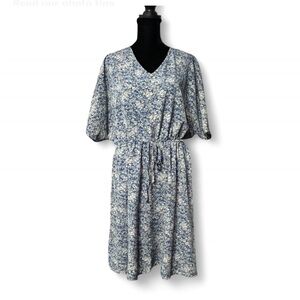 SHEIN Blue and White Dolman Sleeve V-Neck and Tie Waist Summer Sundress  1XL.